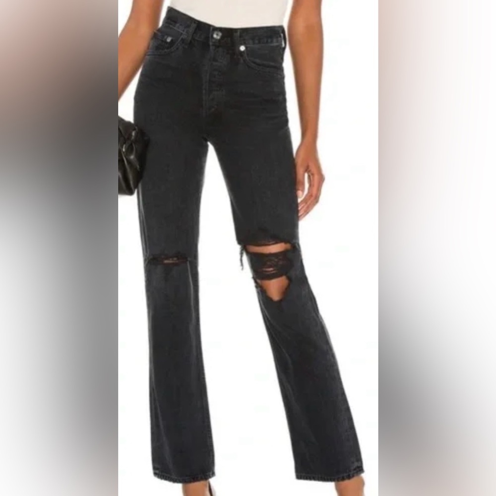 AGOLDE Lana Mid Rise Distressed Black Straight Leg Jeans 27 Organic Cotton